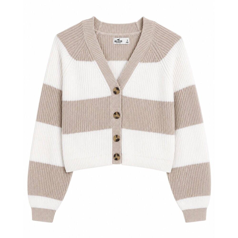Hollister Women S Cropped Cardigan Beige White Striped Cotton Knit Sweater FLAW